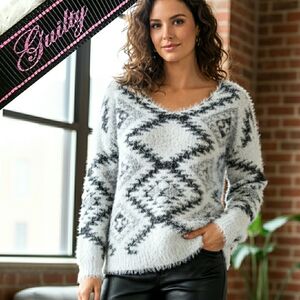 Vtg Guilty🔥Soft Fuzzy Fur Stretchy V-Neck Knit Sweater Top